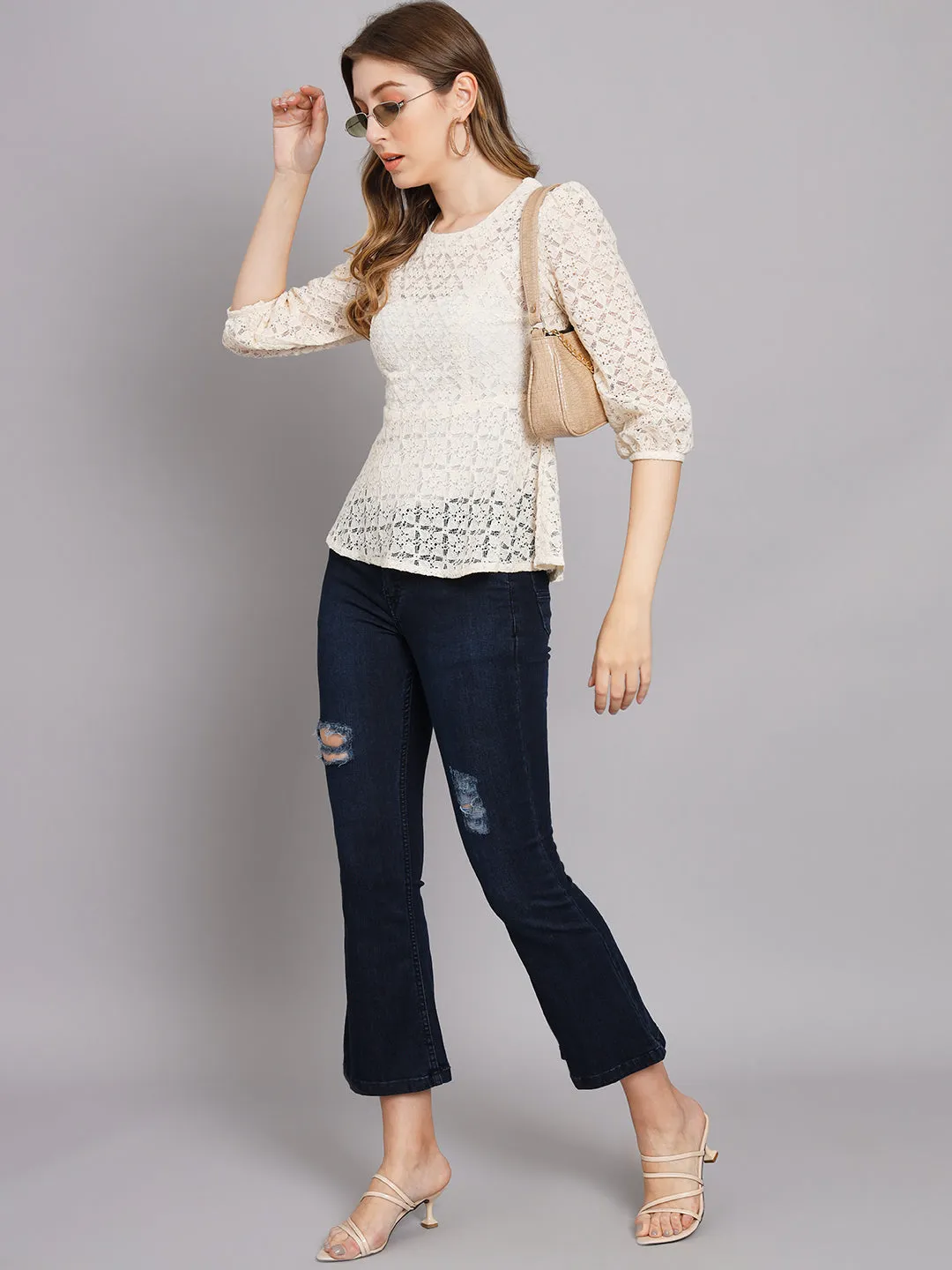 Women's Off White Net A-Line Top
