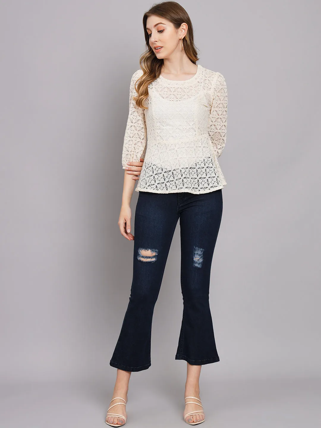 Women's Off White Net A-Line Top