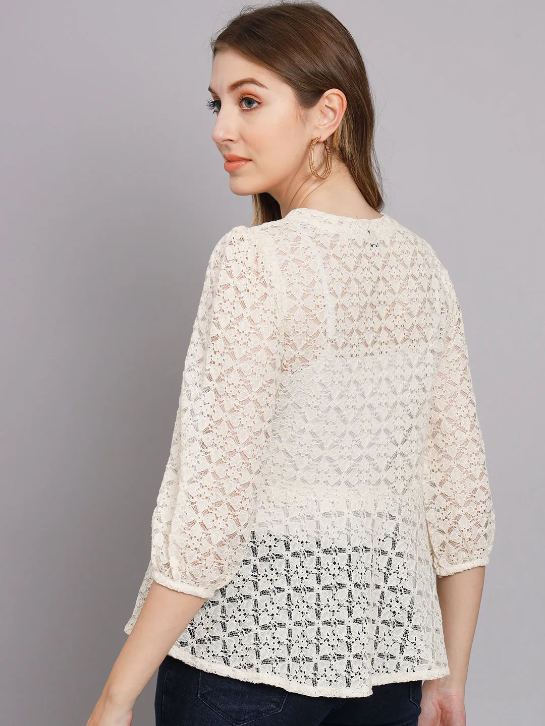 Women's Off White Net A-Line Top