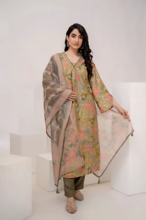 Women's Olive Green Muslin Kurta Pant and Dupatta Set