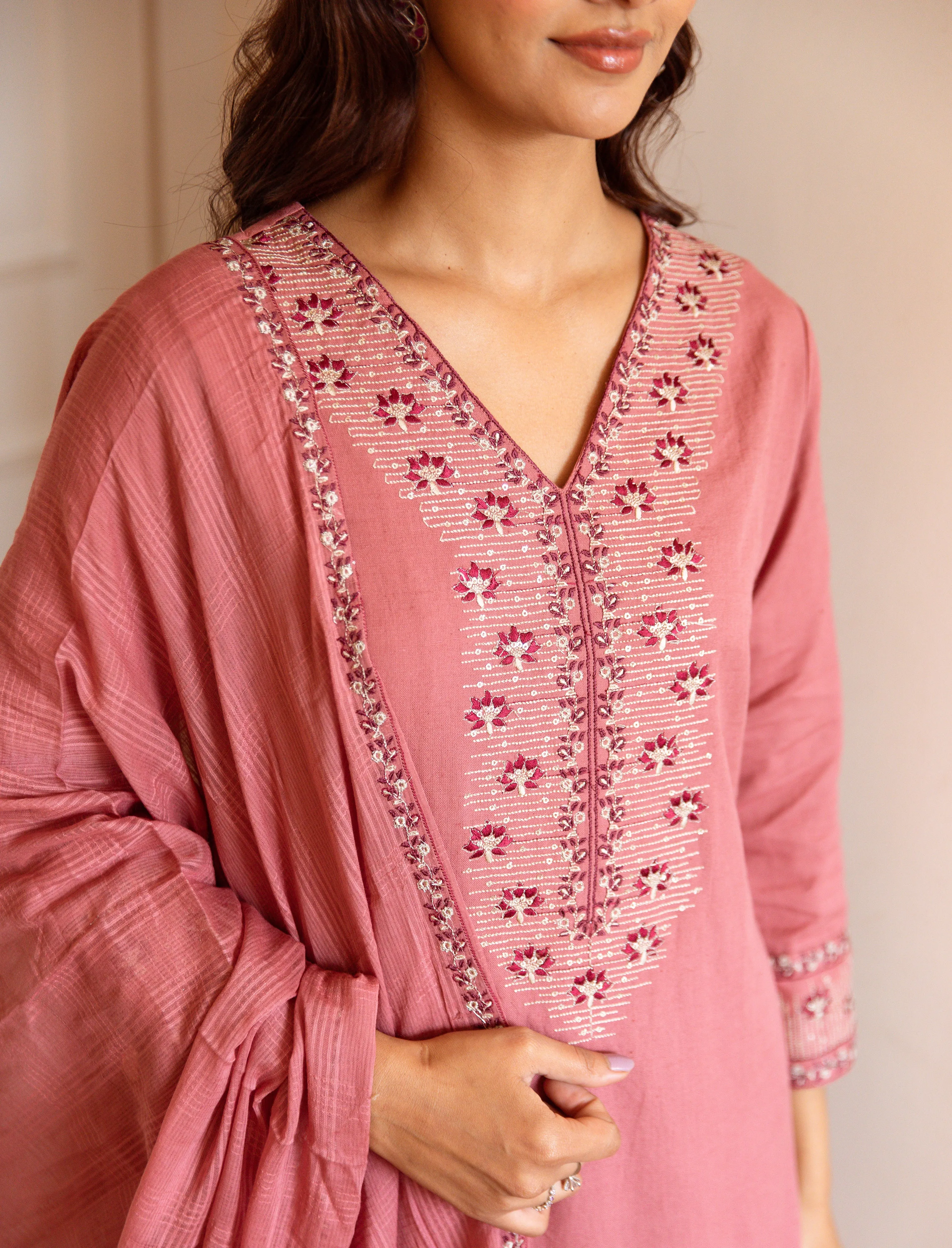 Women's Peach Cotton Kurta, Pant  and Dupatta Set