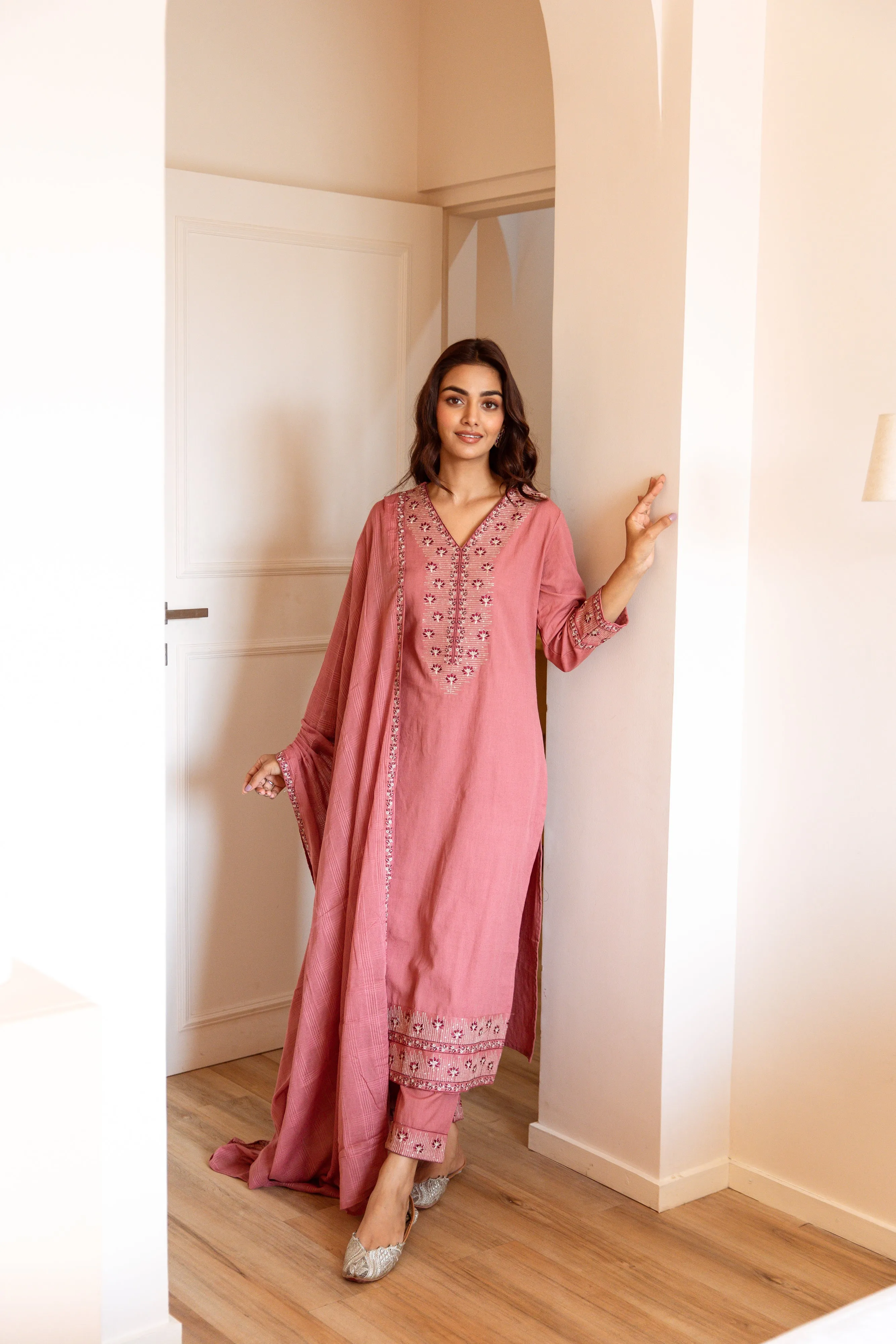 Women's Peach Cotton Kurta, Pant  and Dupatta Set