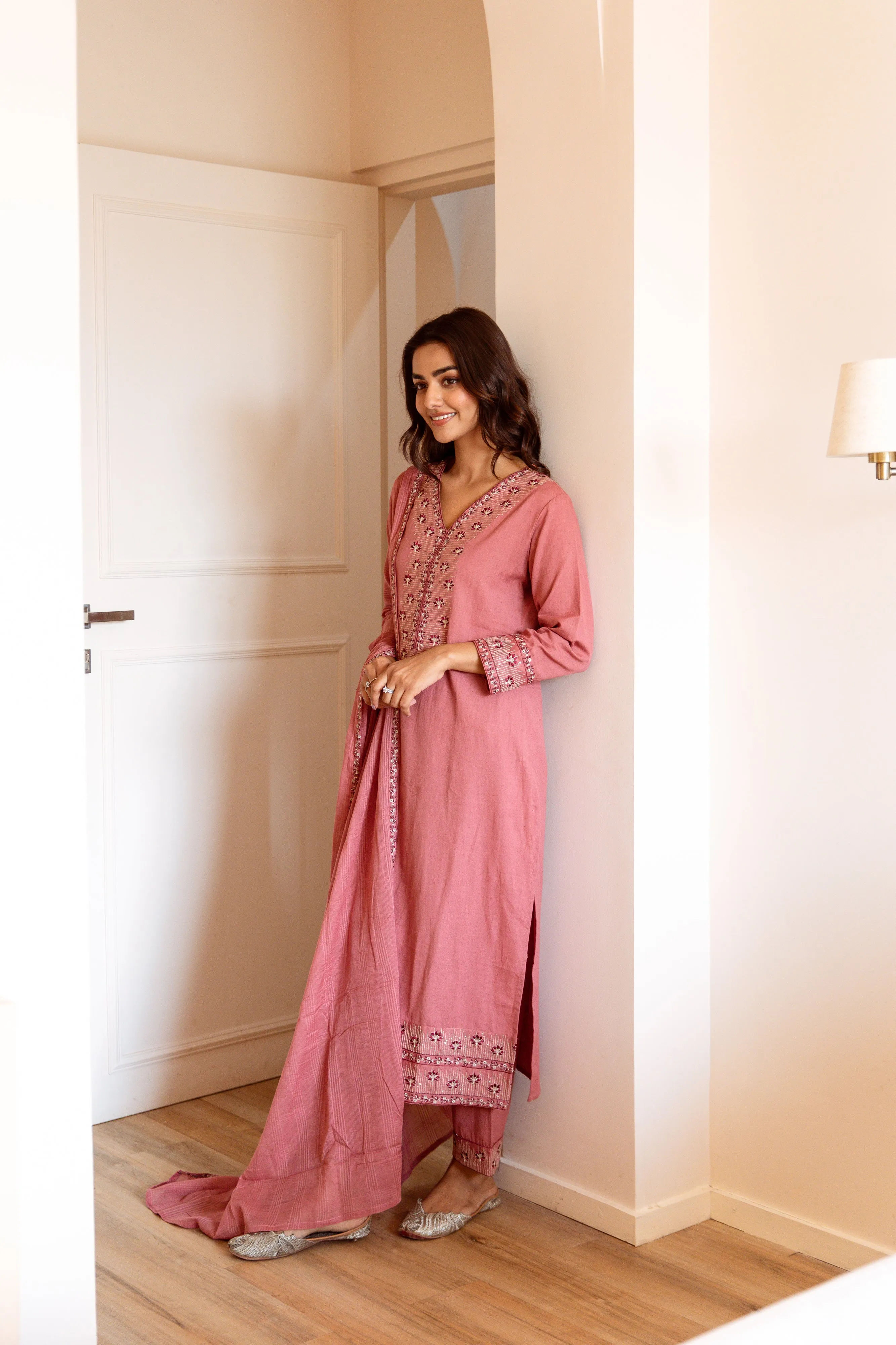 Women's Peach Cotton Kurta, Pant  and Dupatta Set