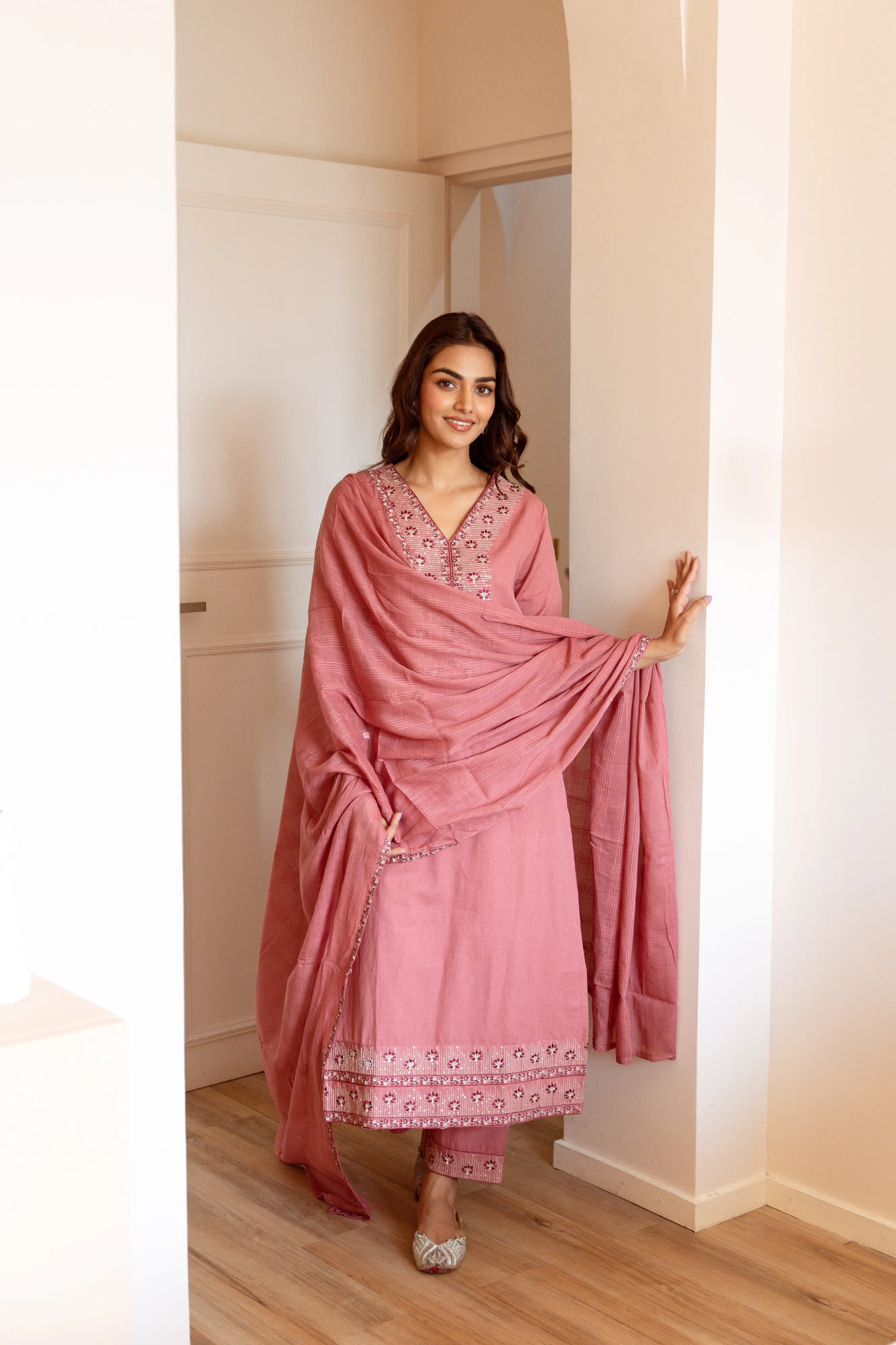 Women's Peach Cotton Kurta, Pant  and Dupatta Set