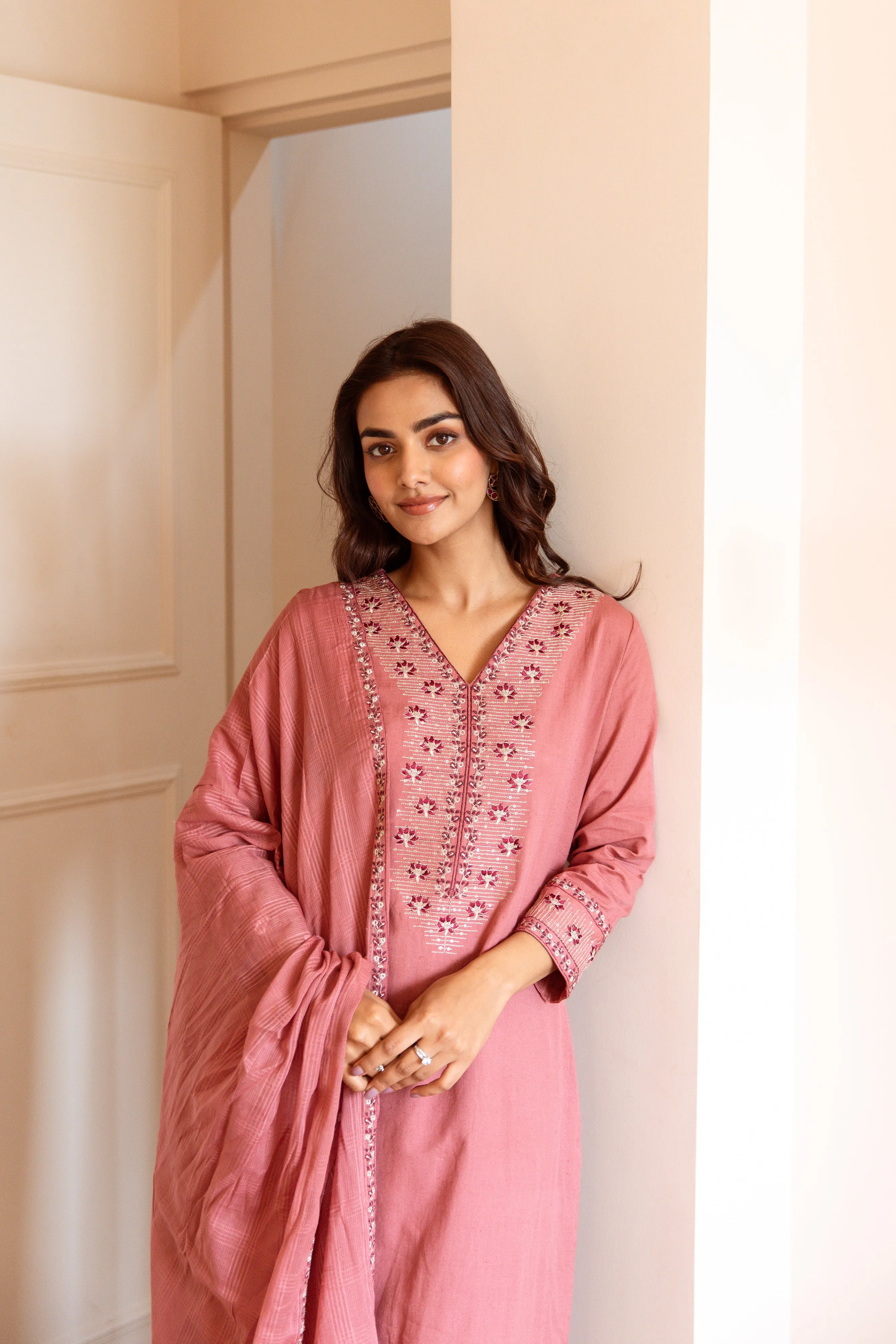 Women's Peach Cotton Kurta, Pant  and Dupatta Set