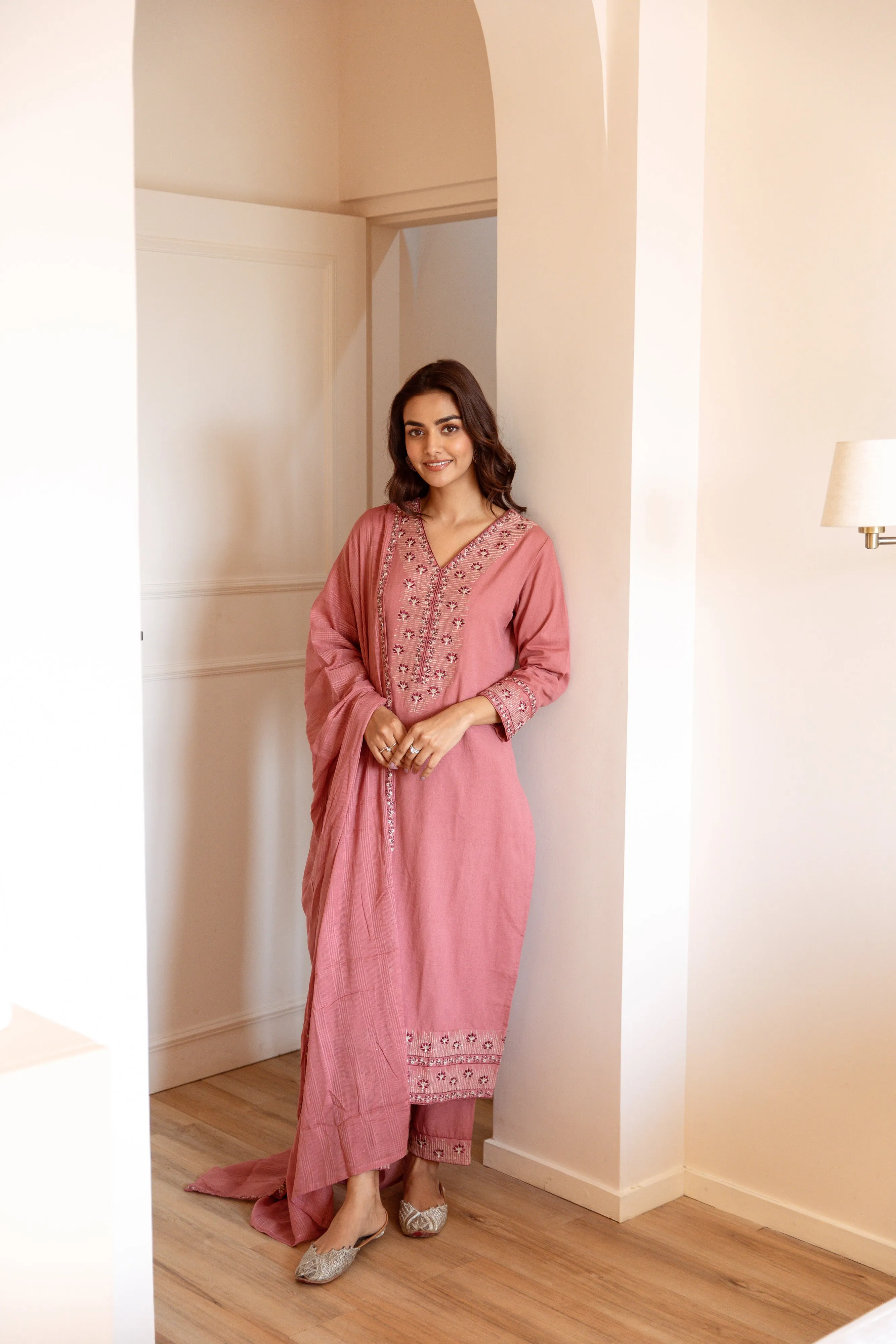Women's Peach Cotton Kurta, Pant  and Dupatta Set