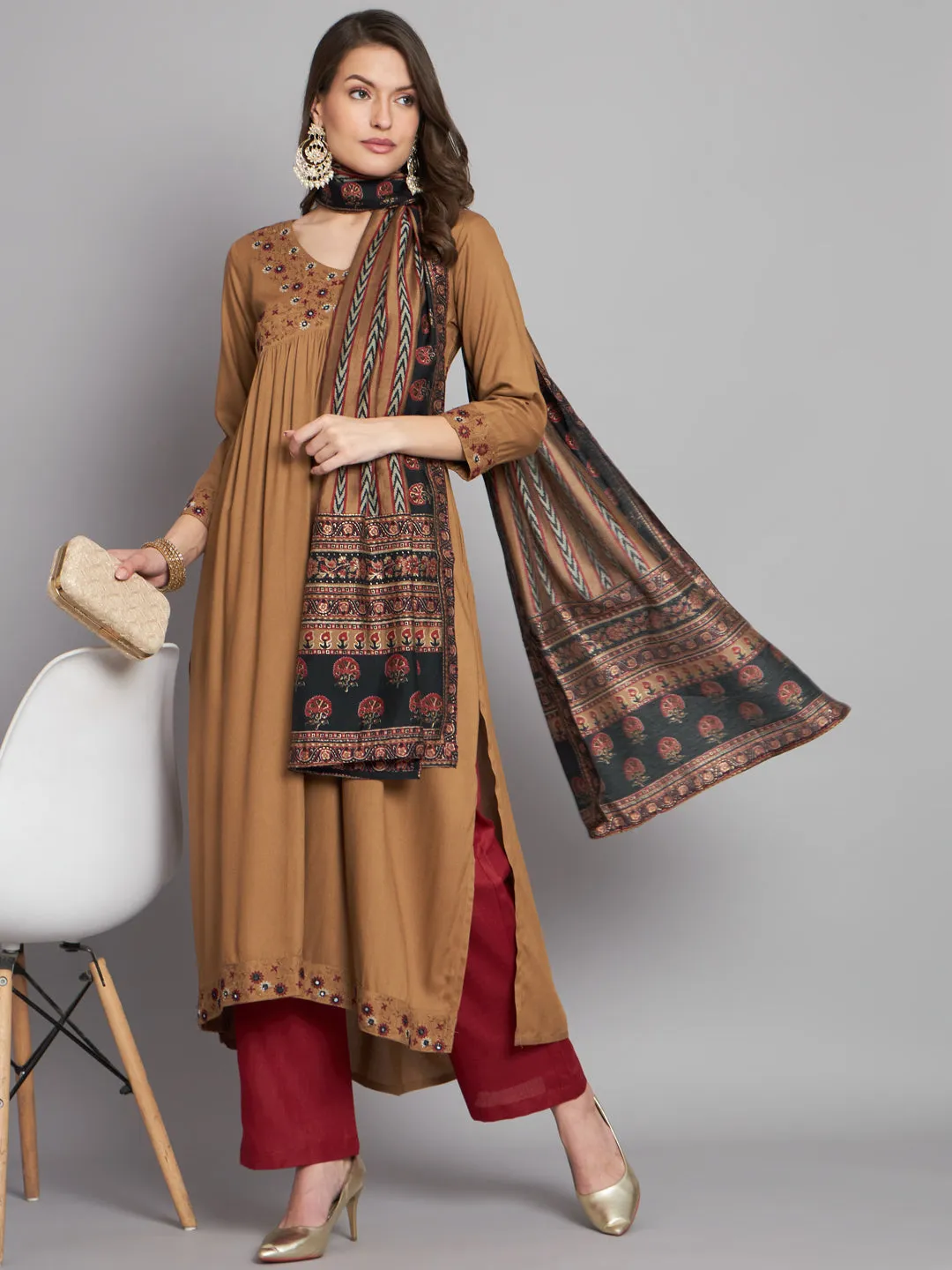 Women's Rayon Brown Alia Cut A-Line Kurta and Dupatta Set