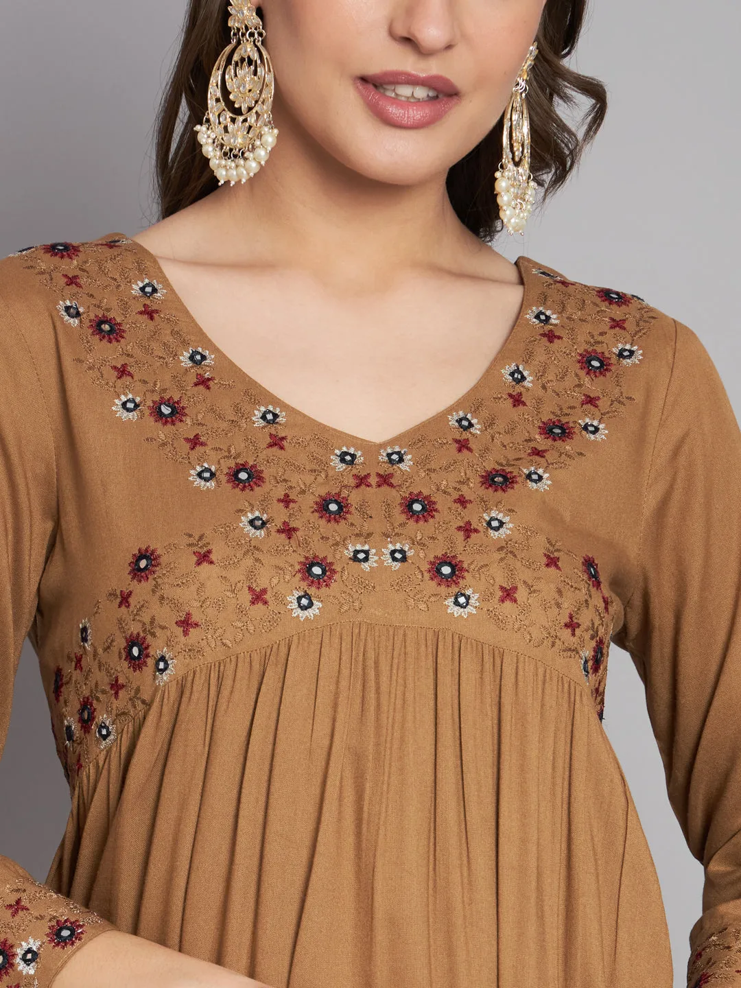 Women's Rayon Brown Alia Cut A-Line Kurta and Dupatta Set