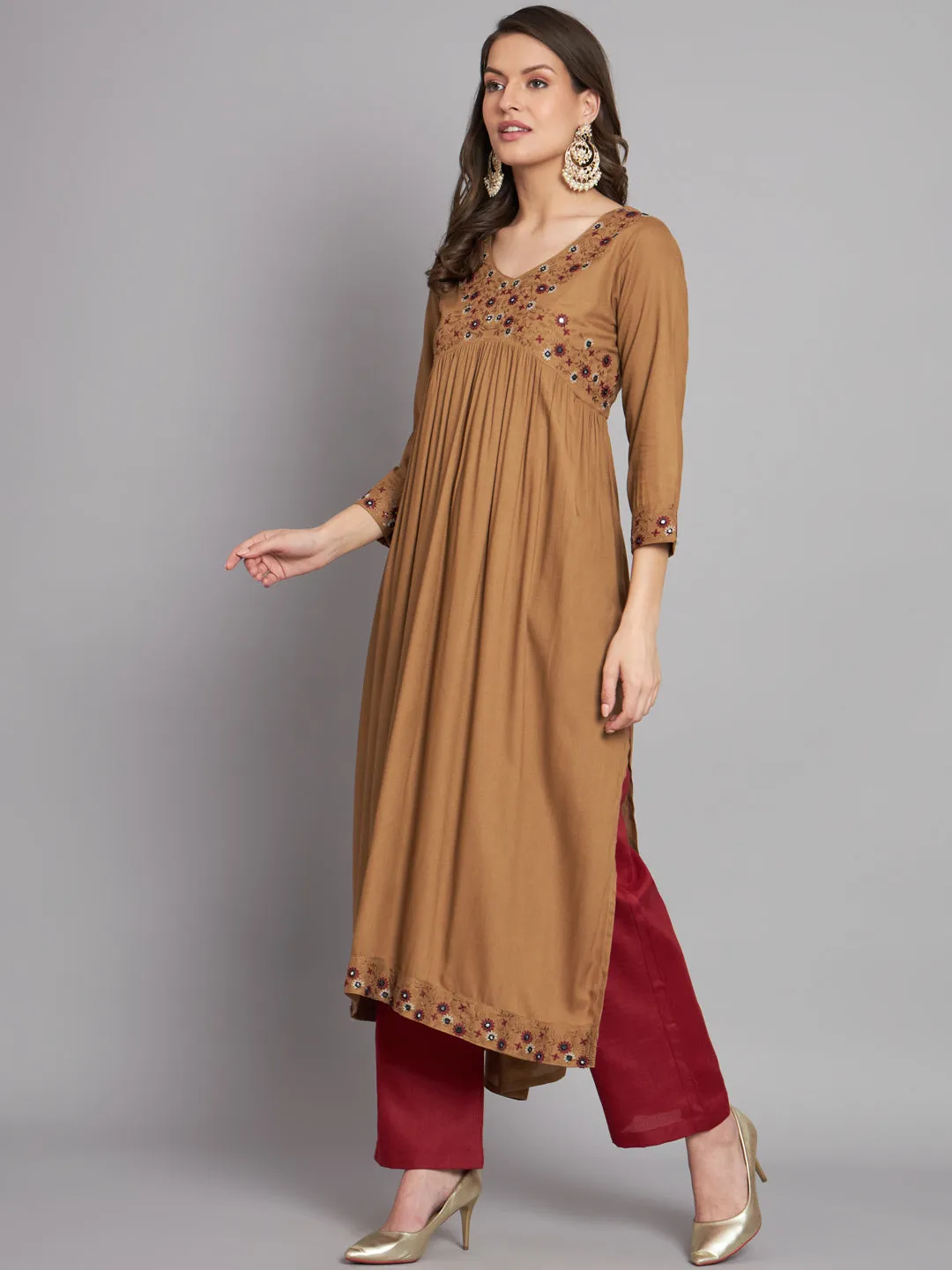 Women's Rayon Brown Alia Cut A-Line Kurta and Dupatta Set