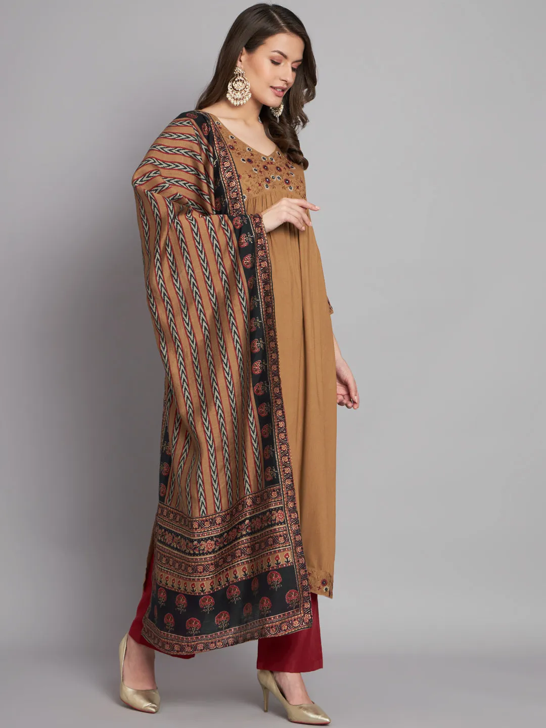 Women's Rayon Brown Alia Cut A-Line Kurta and Dupatta Set