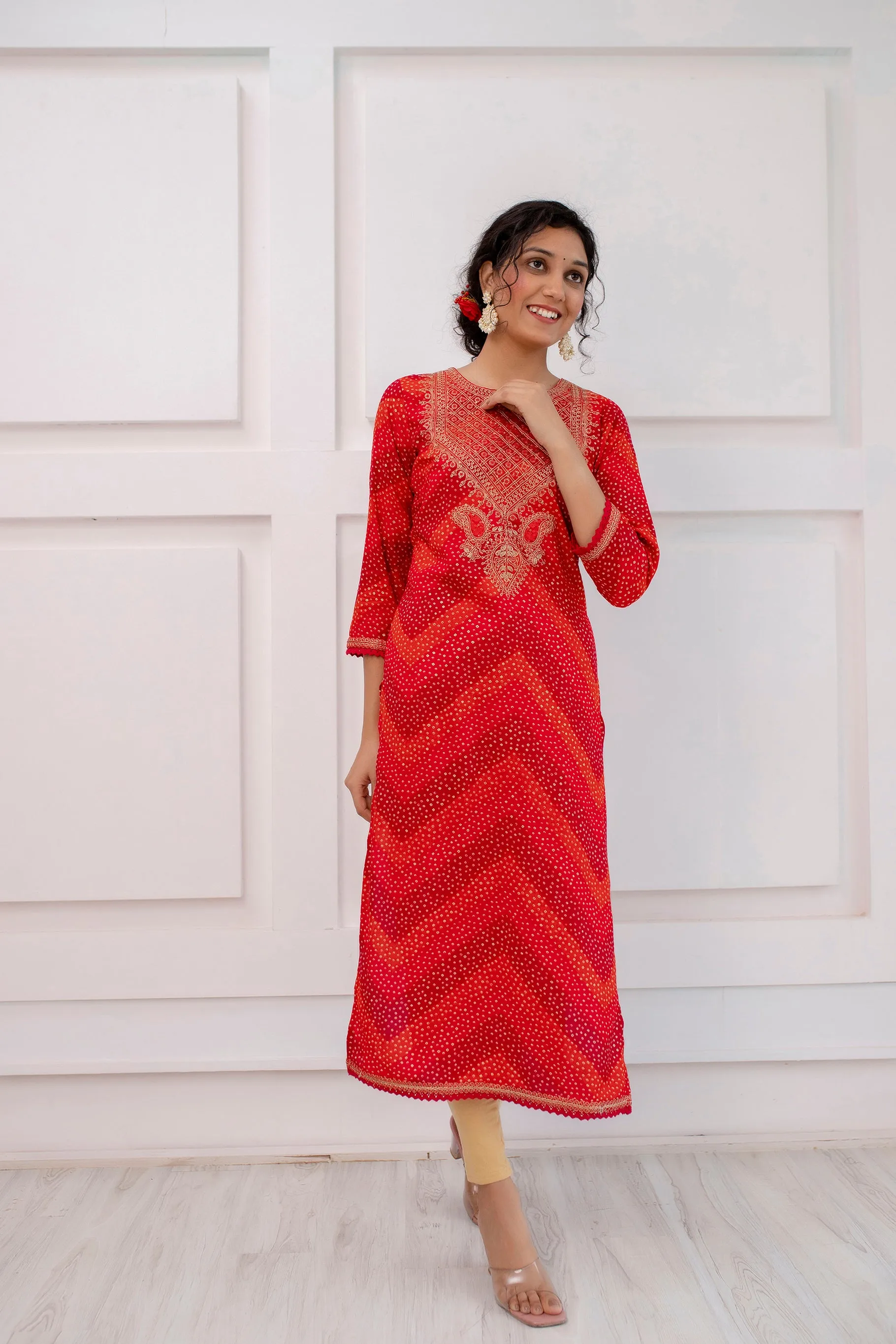 Womens Rayon Red Straight Kurta