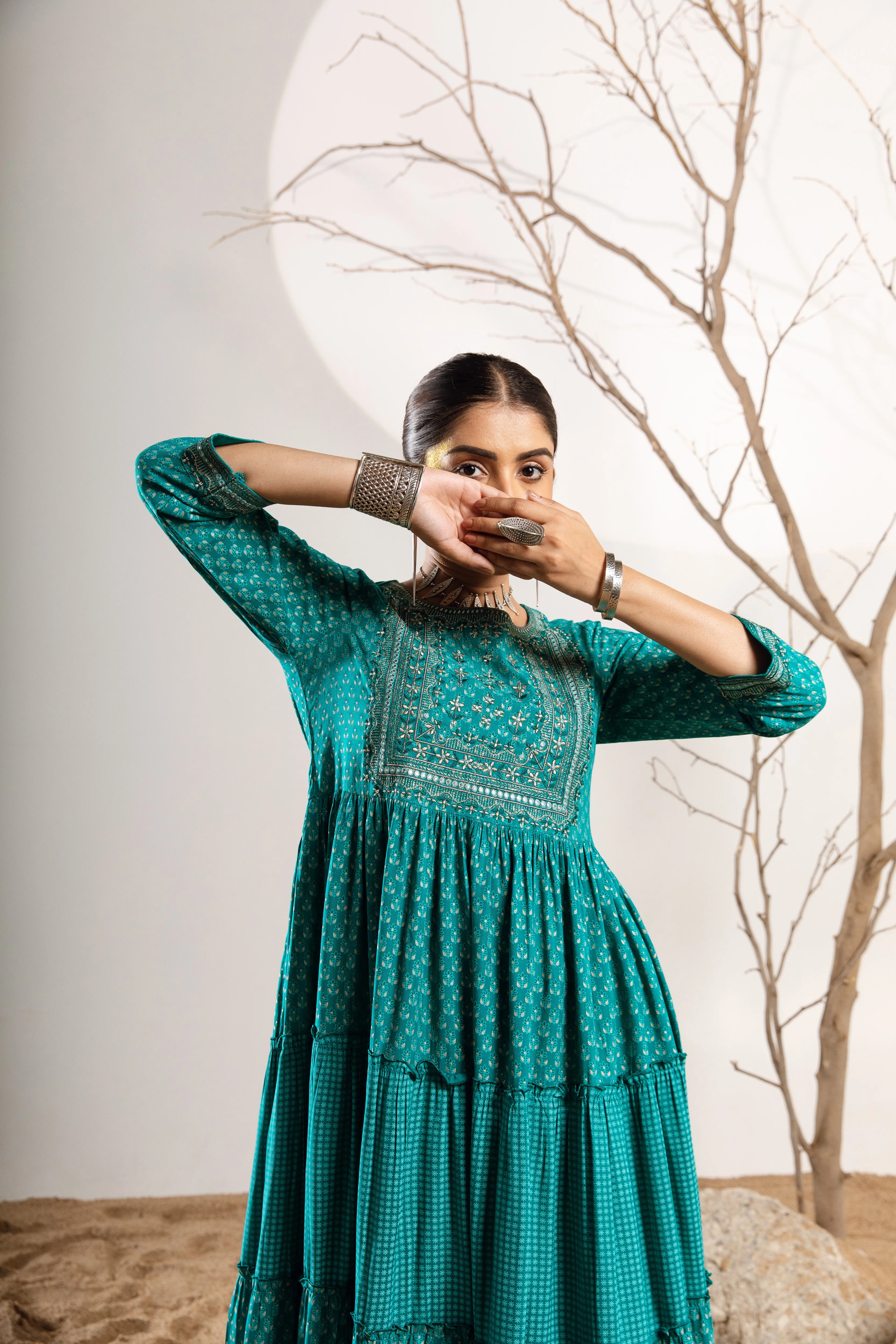 Women's Rayon Turquoise Flared/Tiered Dress