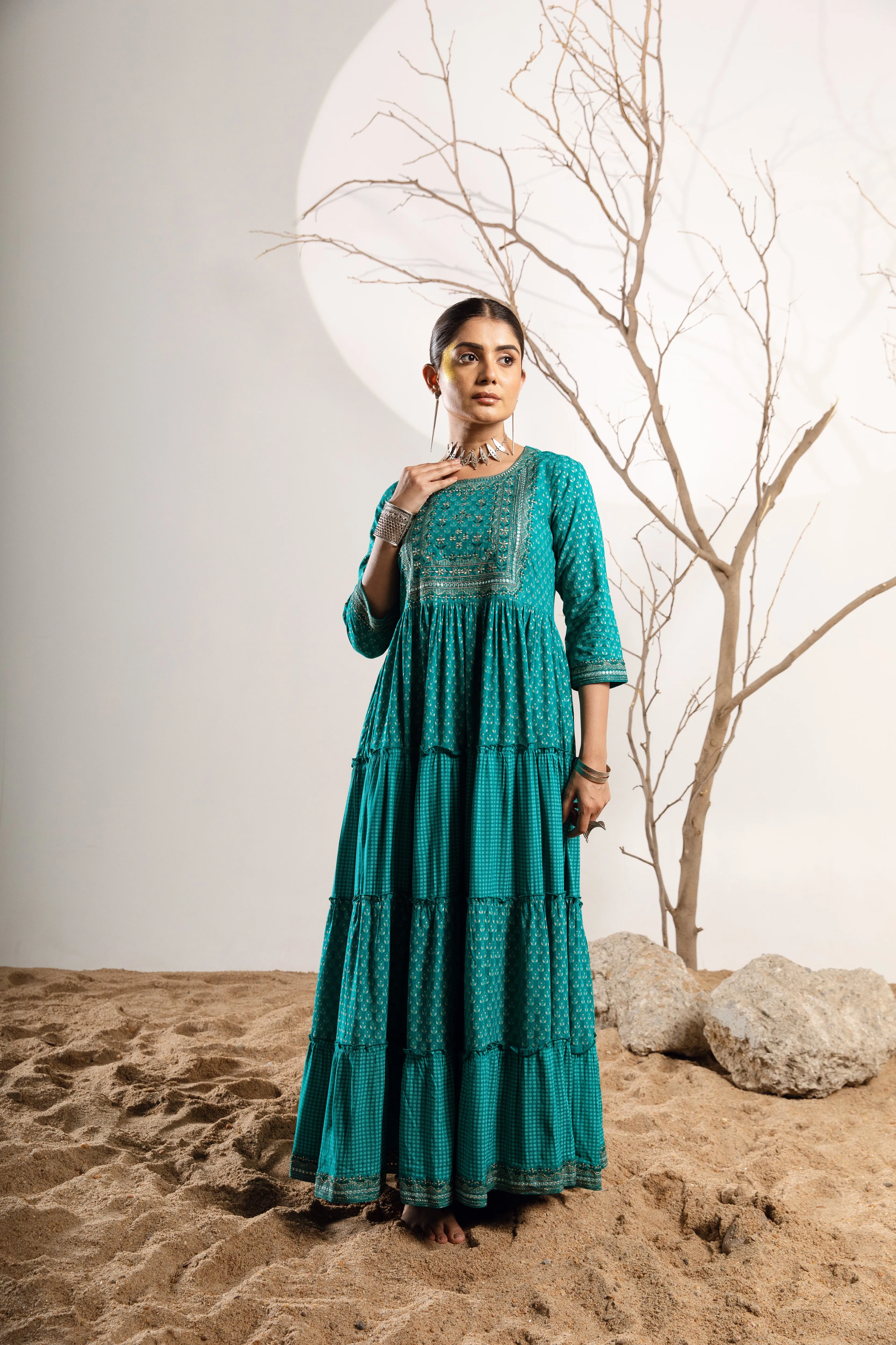 Women's Rayon Turquoise Flared/Tiered Dress