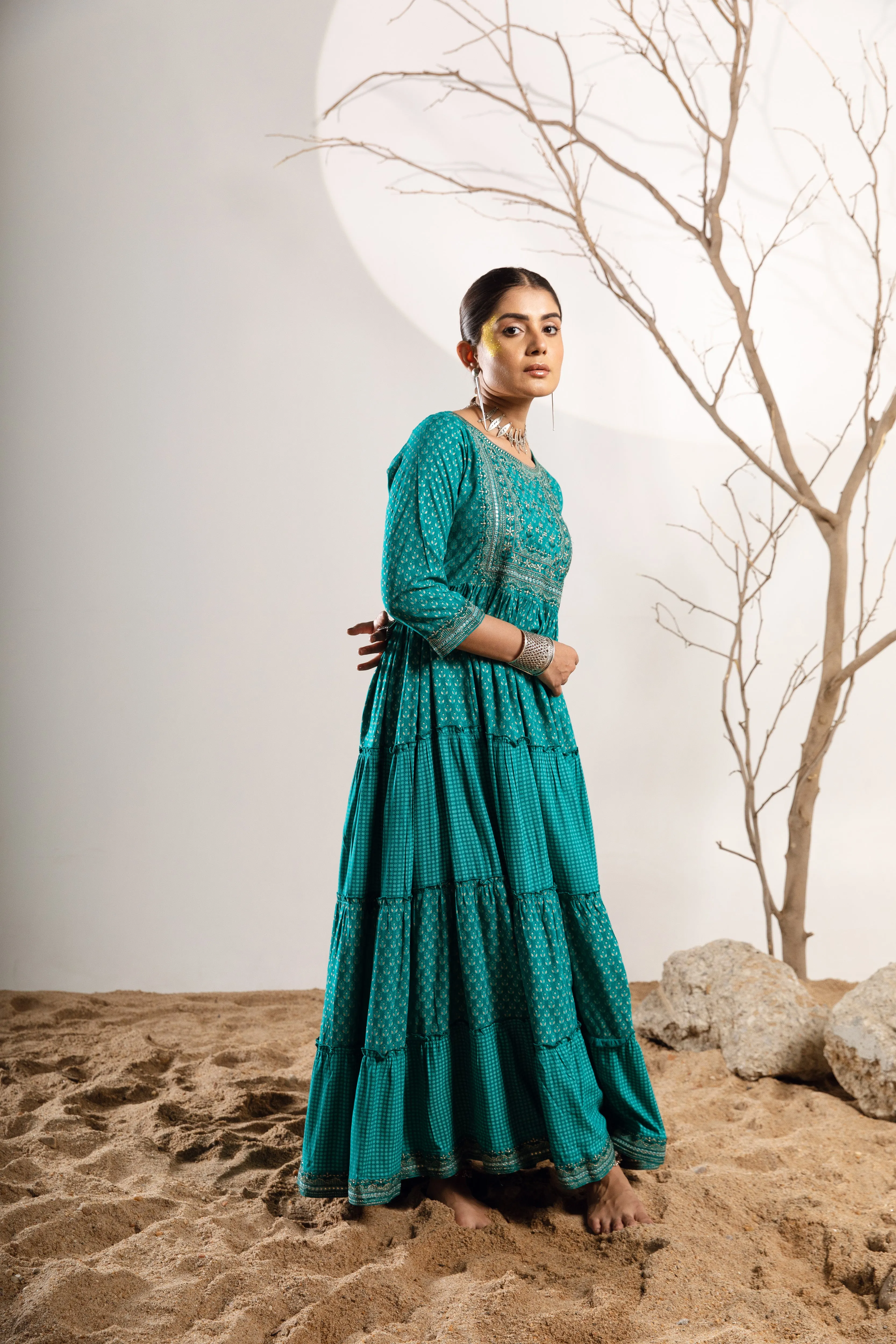 Women's Rayon Turquoise Flared/Tiered Dress