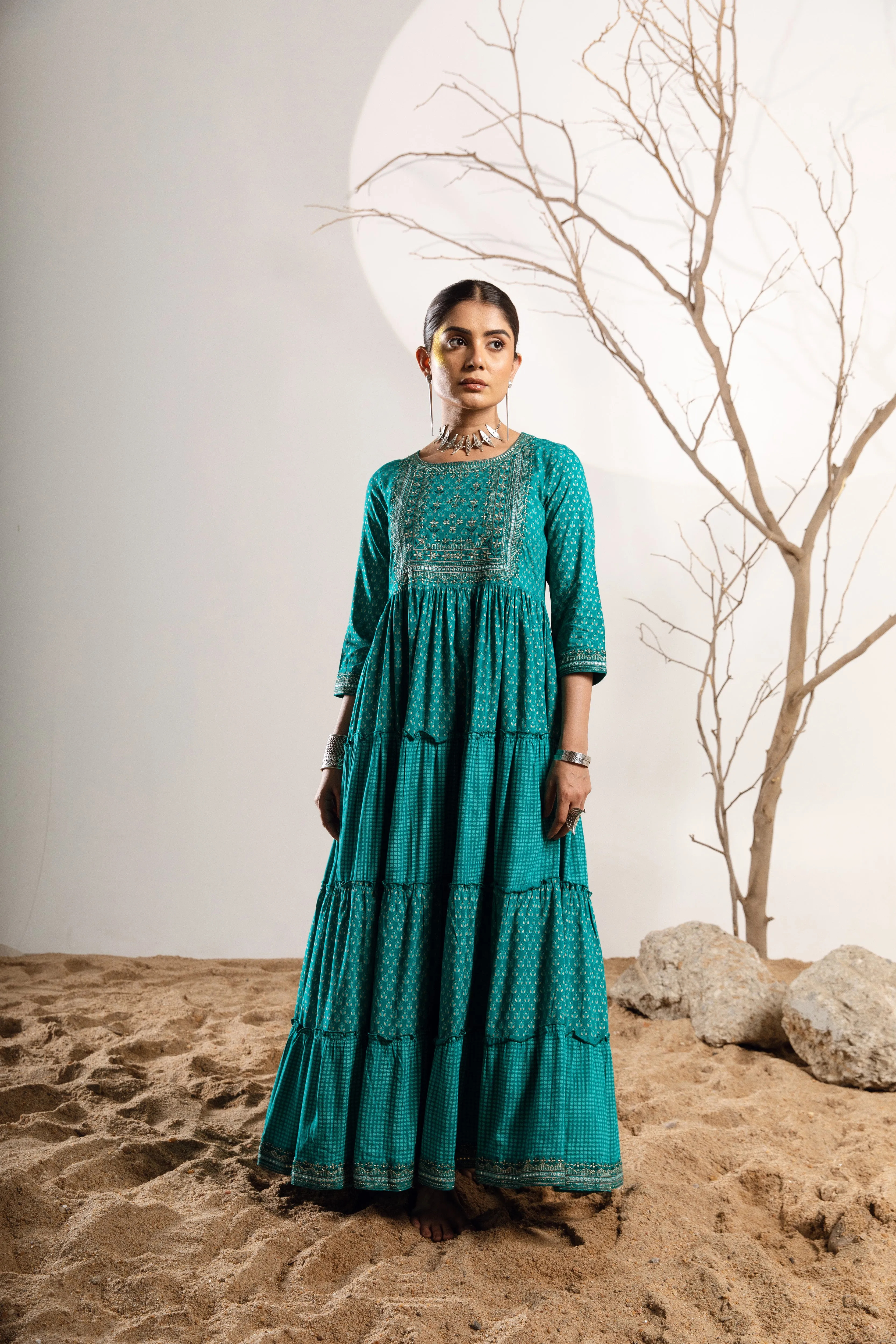Women's Rayon Turquoise Flared/Tiered Dress
