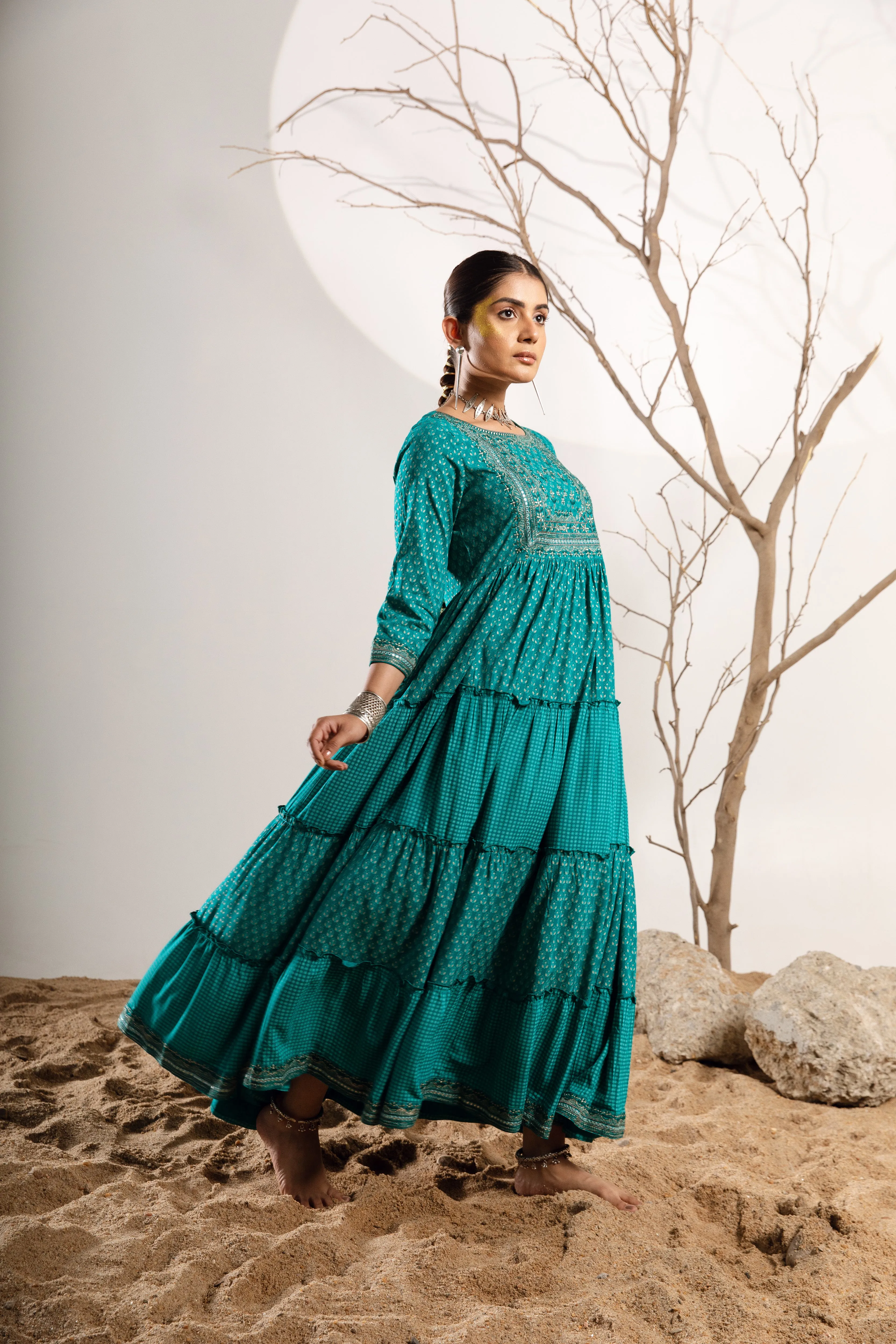 Women's Rayon Turquoise Flared/Tiered Dress
