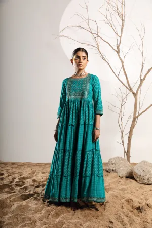Women's Rayon Turquoise Flared/Tiered Dress