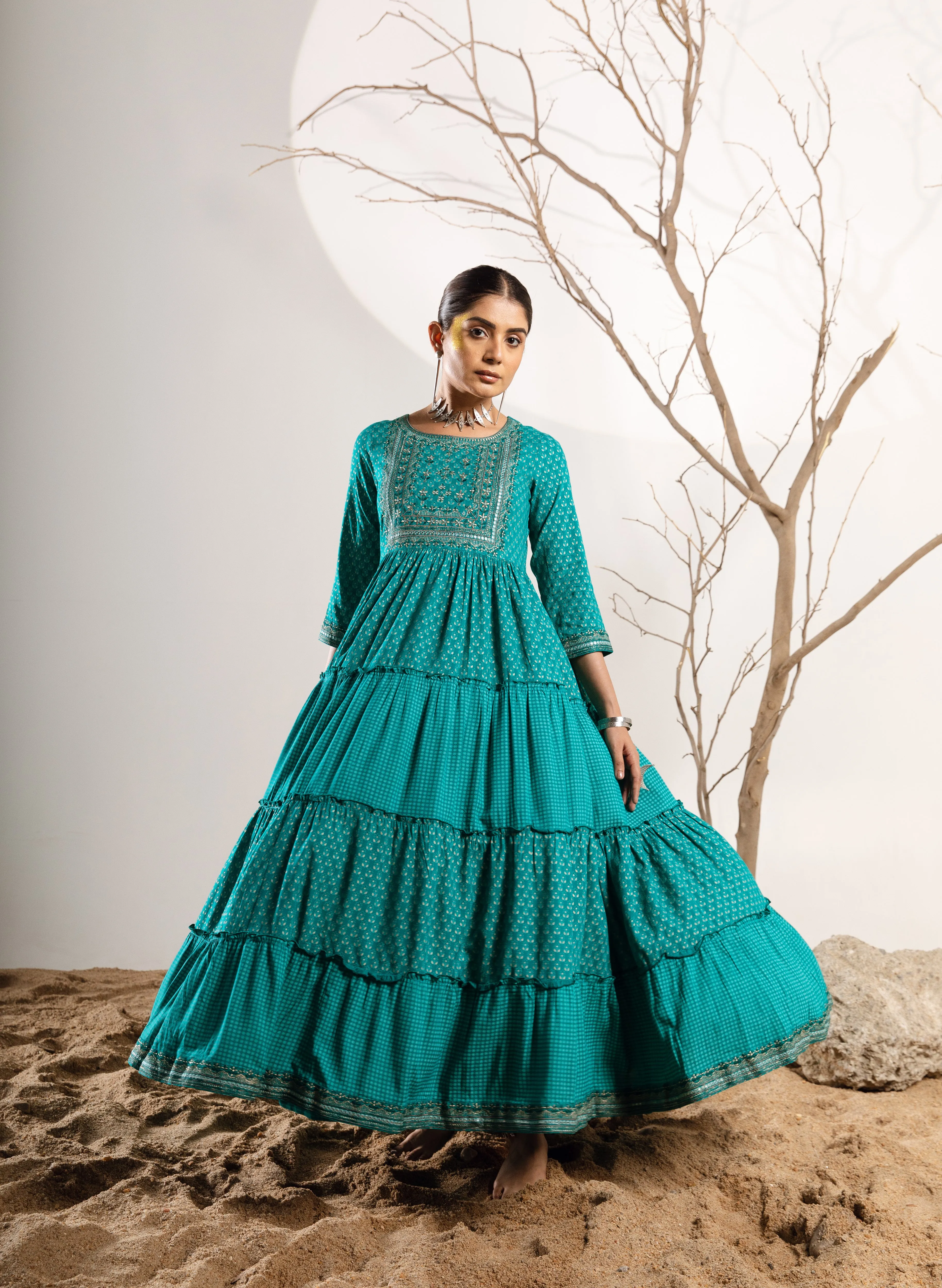 Women's Rayon Turquoise Flared/Tiered Dress