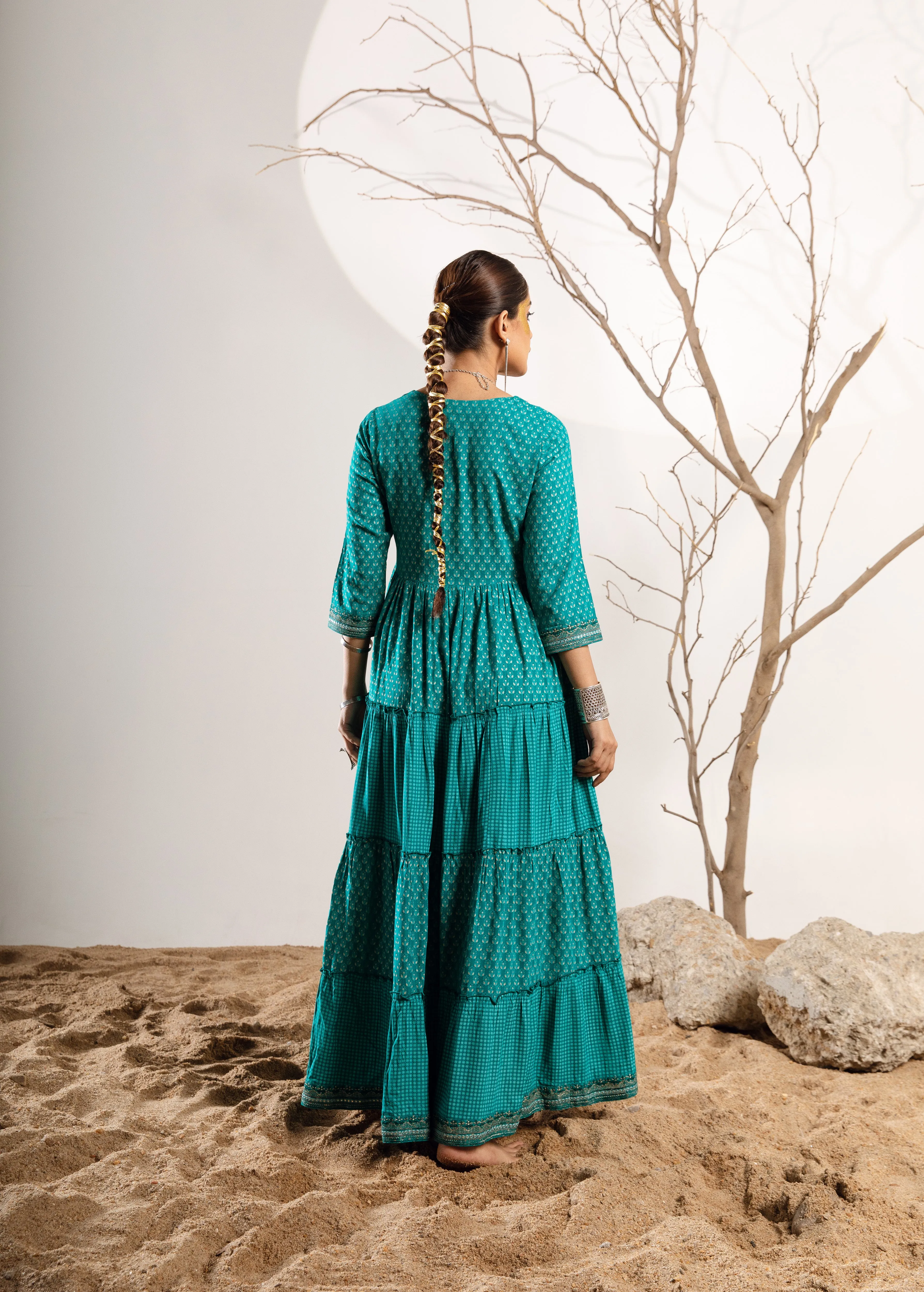 Women's Rayon Turquoise Flared/Tiered Dress