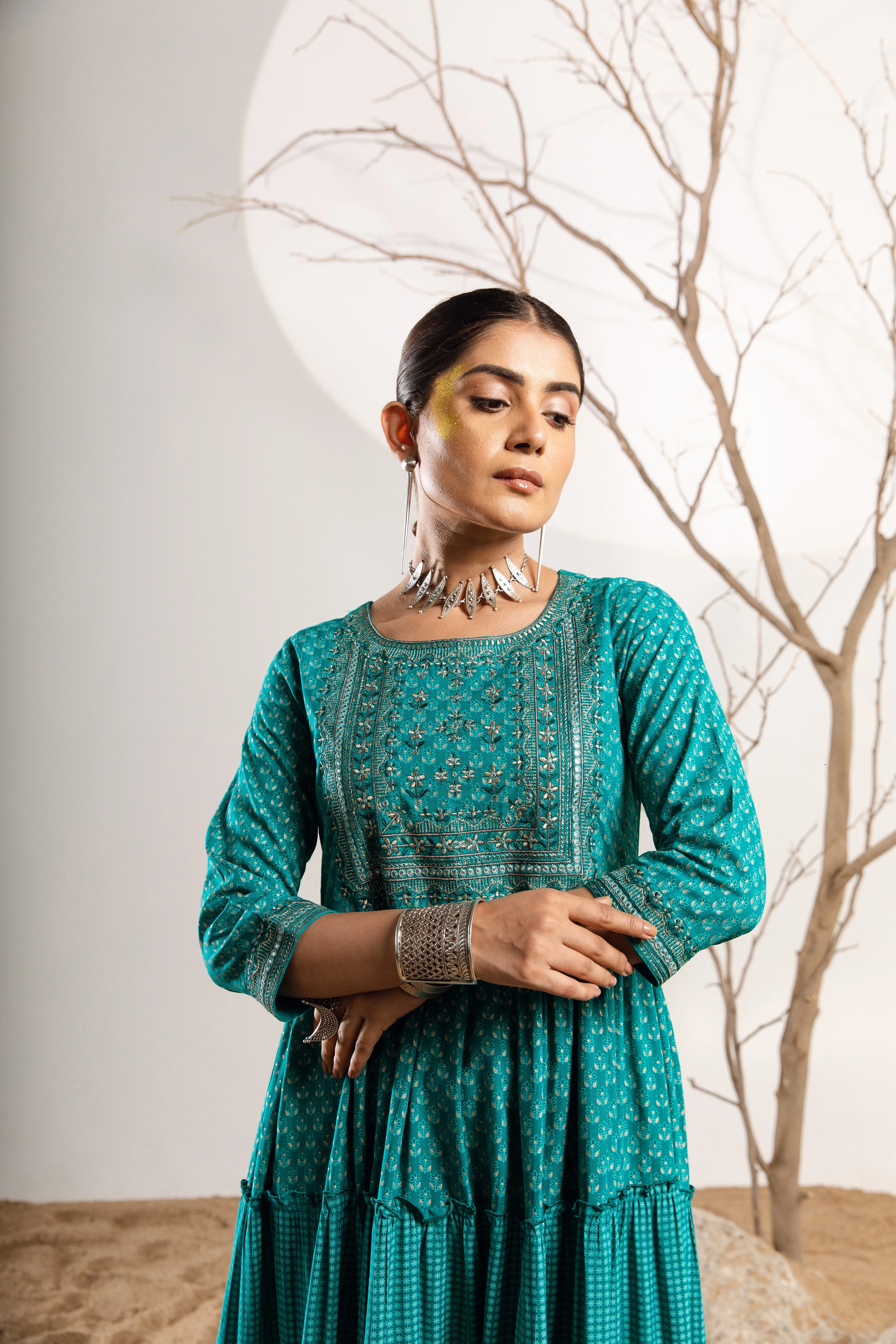 Women's Rayon Turquoise Flared/Tiered Dress