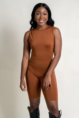 Zip back biker romper brown